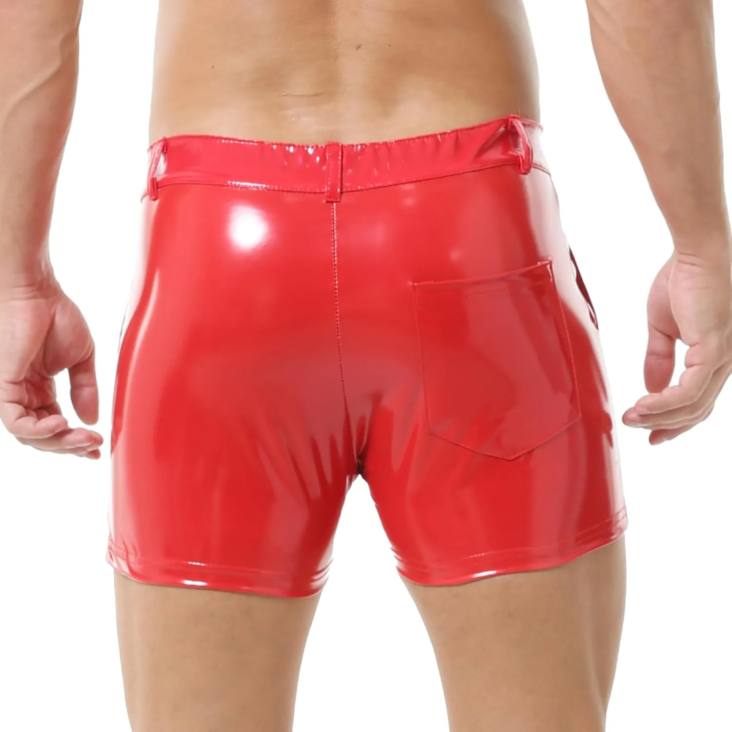 QiaTi Men's PU Leather Shorts Elastic Waist Rave Hot Short Pants Zipper Men Sexy Shorts with Pockets for Club Party