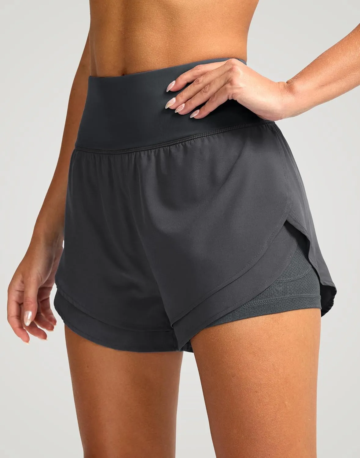 SANTINY Women's 2 in 1 Running Shorts with Pockets 3" High Waisted Exercise Workout Athletic Shorts for Women with Liner