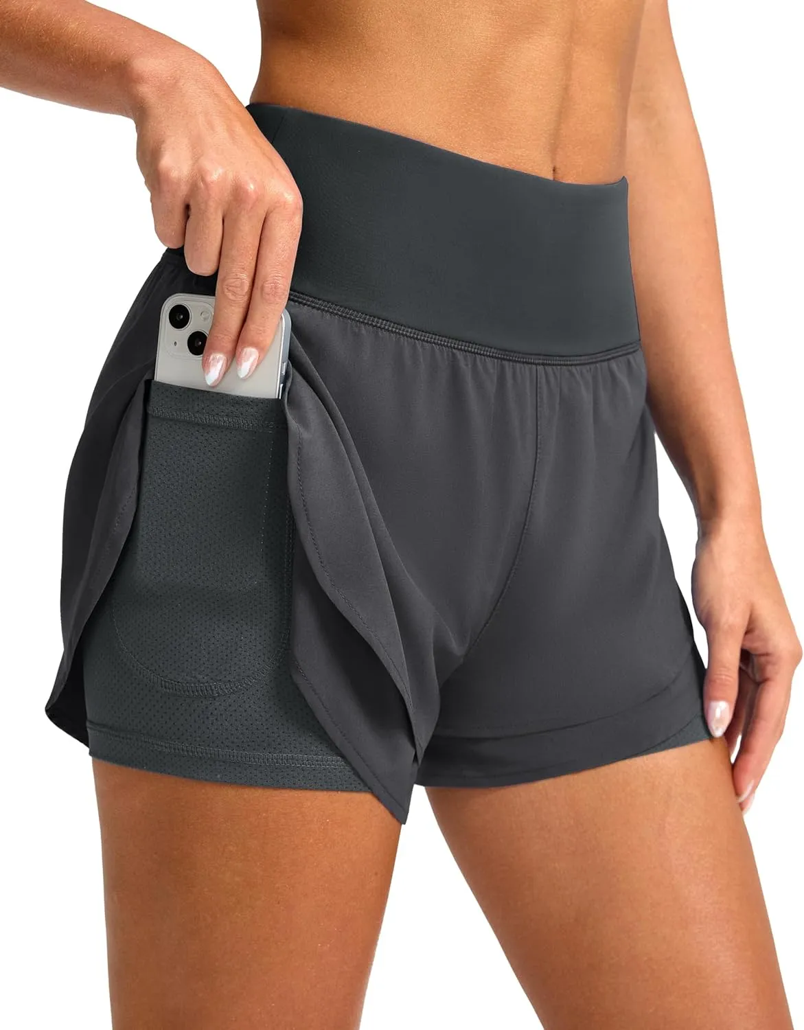 SANTINY Women's 2 in 1 Running Shorts with Pockets 3" High Waisted Exercise Workout Athletic Shorts for Women with Liner