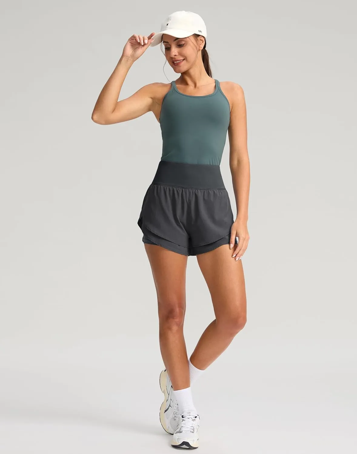SANTINY Women's 2 in 1 Running Shorts with Pockets 3" High Waisted Exercise Workout Athletic Shorts for Women with Liner