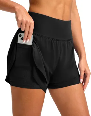 SANTINY Women's 2 in 1 Running Shorts with Pockets 3" High Waisted Exercise Workout Athletic Shorts for Women with Liner