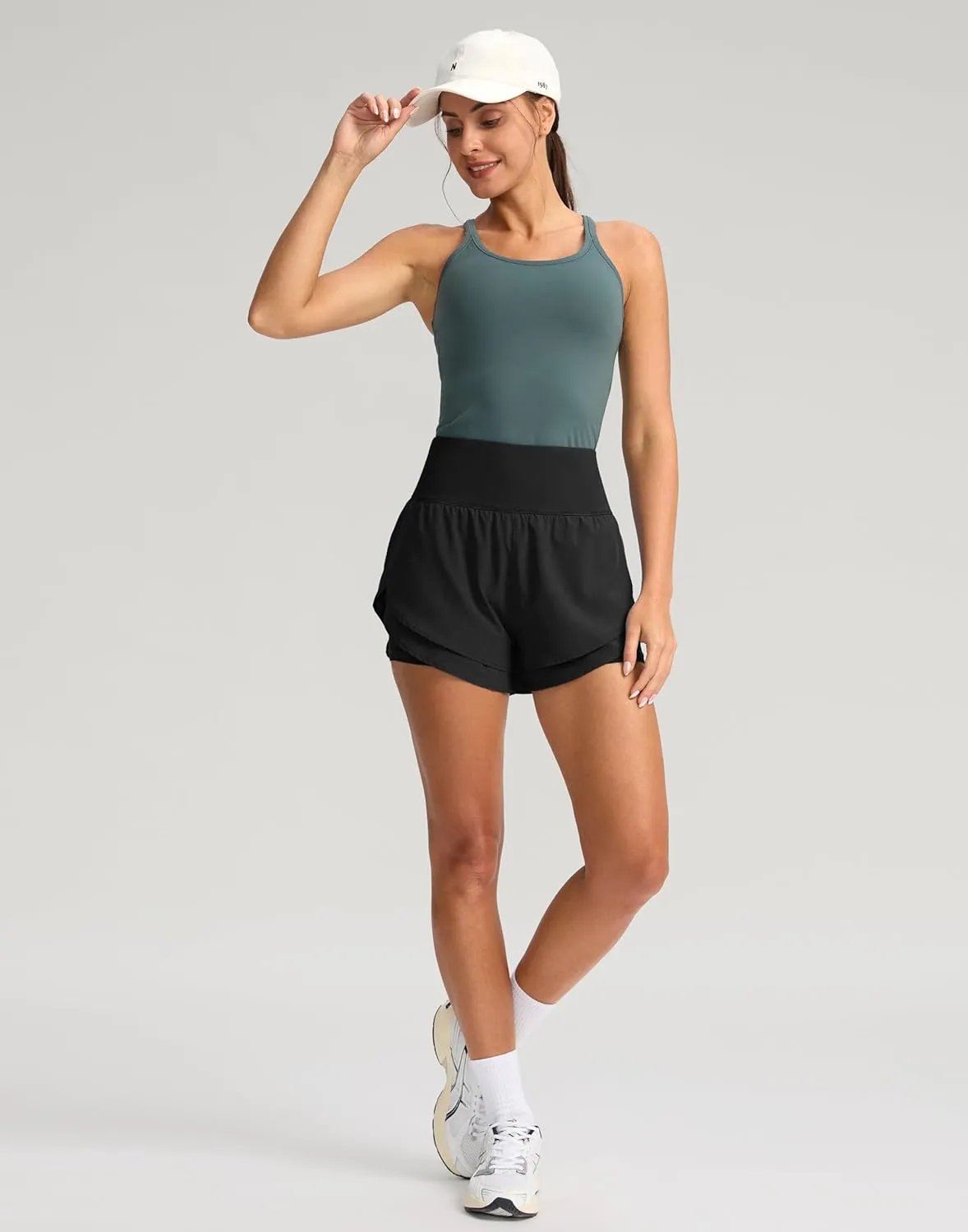 SANTINY Women's 2 in 1 Running Shorts with Pockets 3" High Waisted Exercise Workout Athletic Shorts for Women with Liner