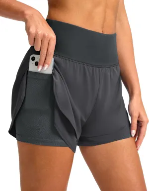 SANTINY Women's 2 in 1 Running Shorts with Pockets 3" High Waisted Exercise Workout Athletic Shorts for Women with Liner