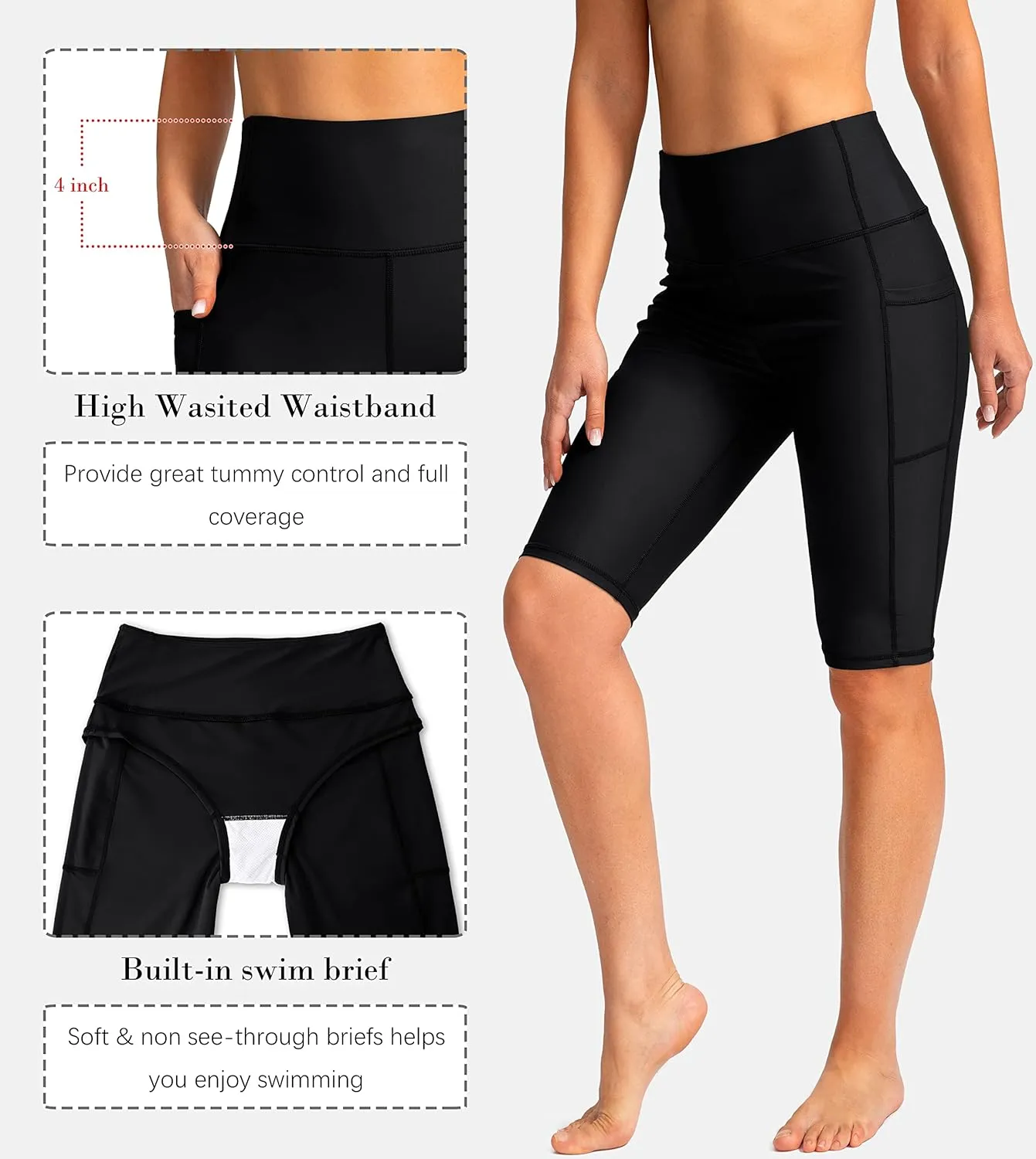 SANTINY Women's 8''/12'' High Waisted Swim Shorts with Pockets UPF50  Long Board Swimming Shorts for Women with Liner