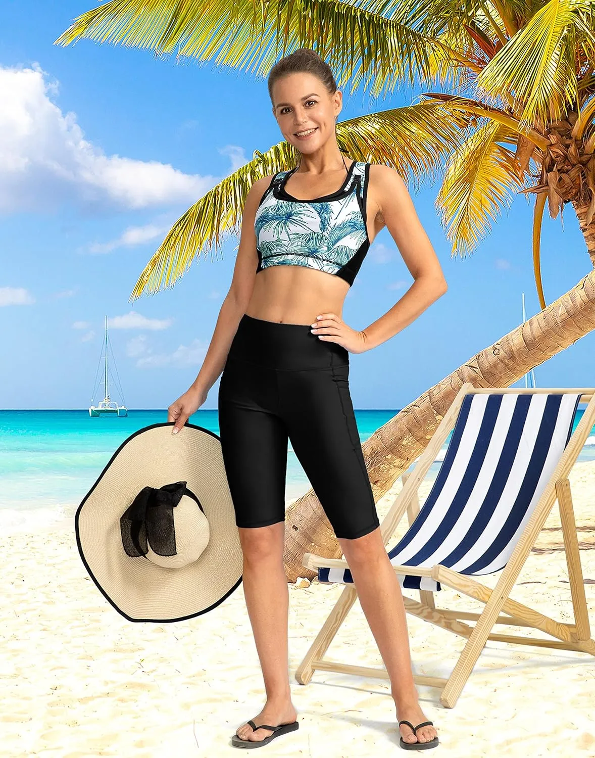 SANTINY Women's 8''/12'' High Waisted Swim Shorts with Pockets UPF50  Long Board Swimming Shorts for Women with Liner