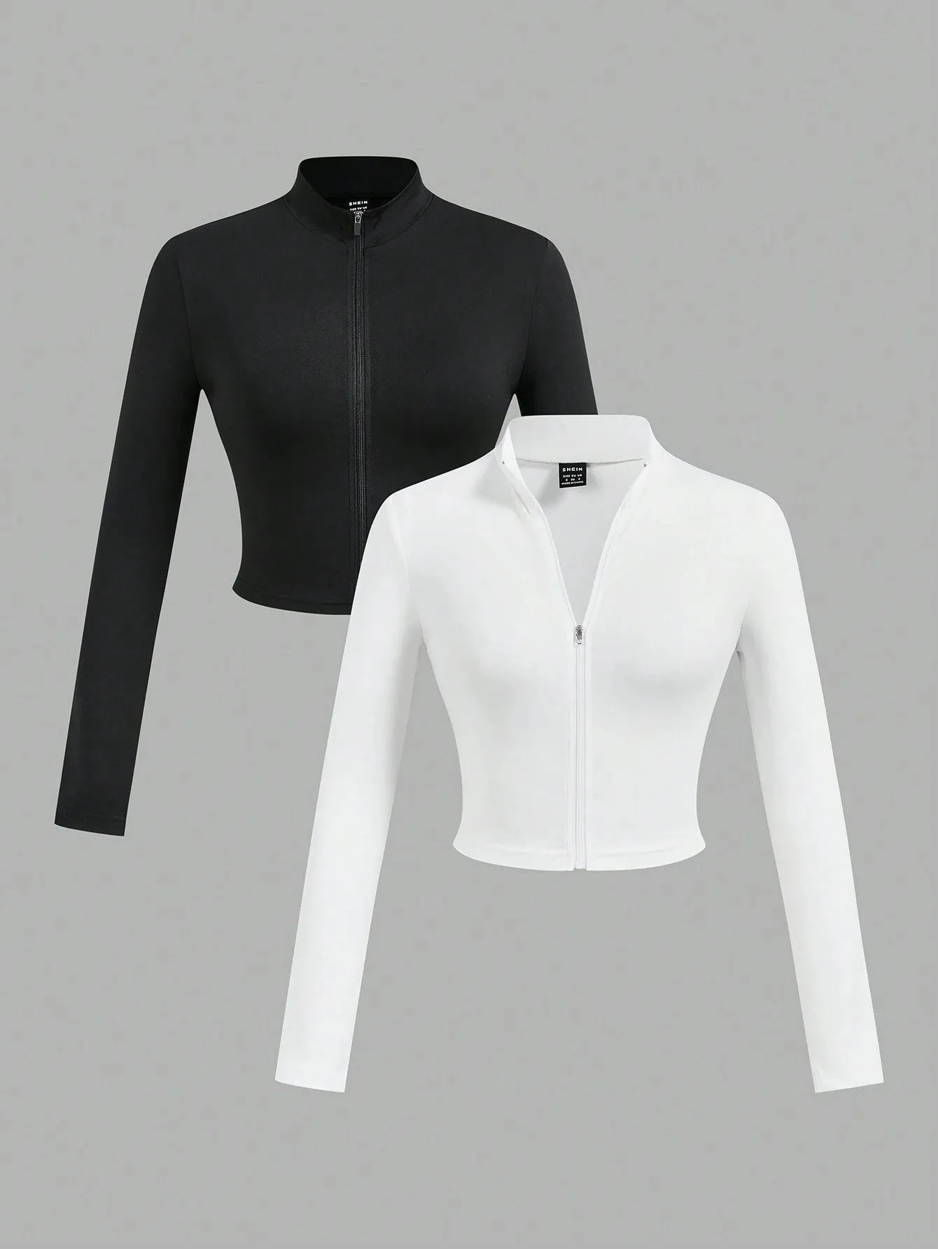 SHEIN Slayr 2pcs Women's Simple Casual Autumn-Winter V-Neck Long Sleeve T-Shirts With Half Zip, White And Black