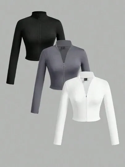 SHEIN Slayr 2pcs Women's Simple Casual Autumn-Winter V-Neck Long Sleeve T-Shirts With Half Zip, White And Black