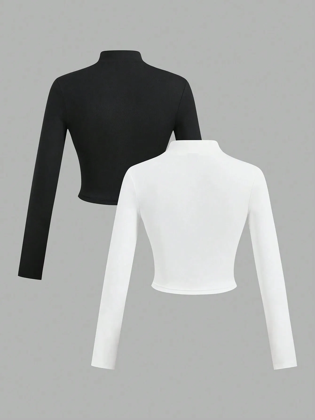 SHEIN Slayr 2pcs Women's Simple Casual Autumn-Winter V-Neck Long Sleeve T-Shirts With Half Zip, White And Black