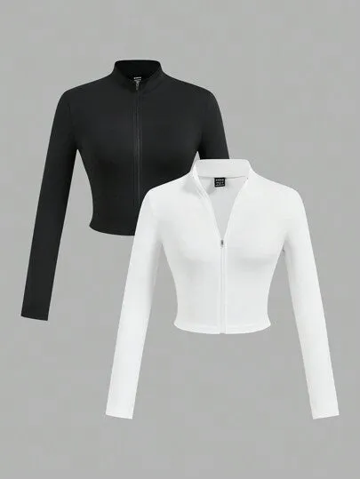 SHEIN Slayr 2pcs Women's Simple Casual Autumn-Winter V-Neck Long Sleeve T-Shirts With Half Zip, White And Black