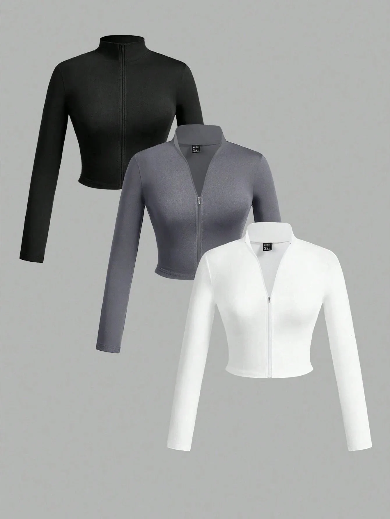 SHEIN Slayr 2pcs Women's Simple Casual Autumn-Winter V-Neck Long Sleeve T-Shirts With Half Zip, White And Black