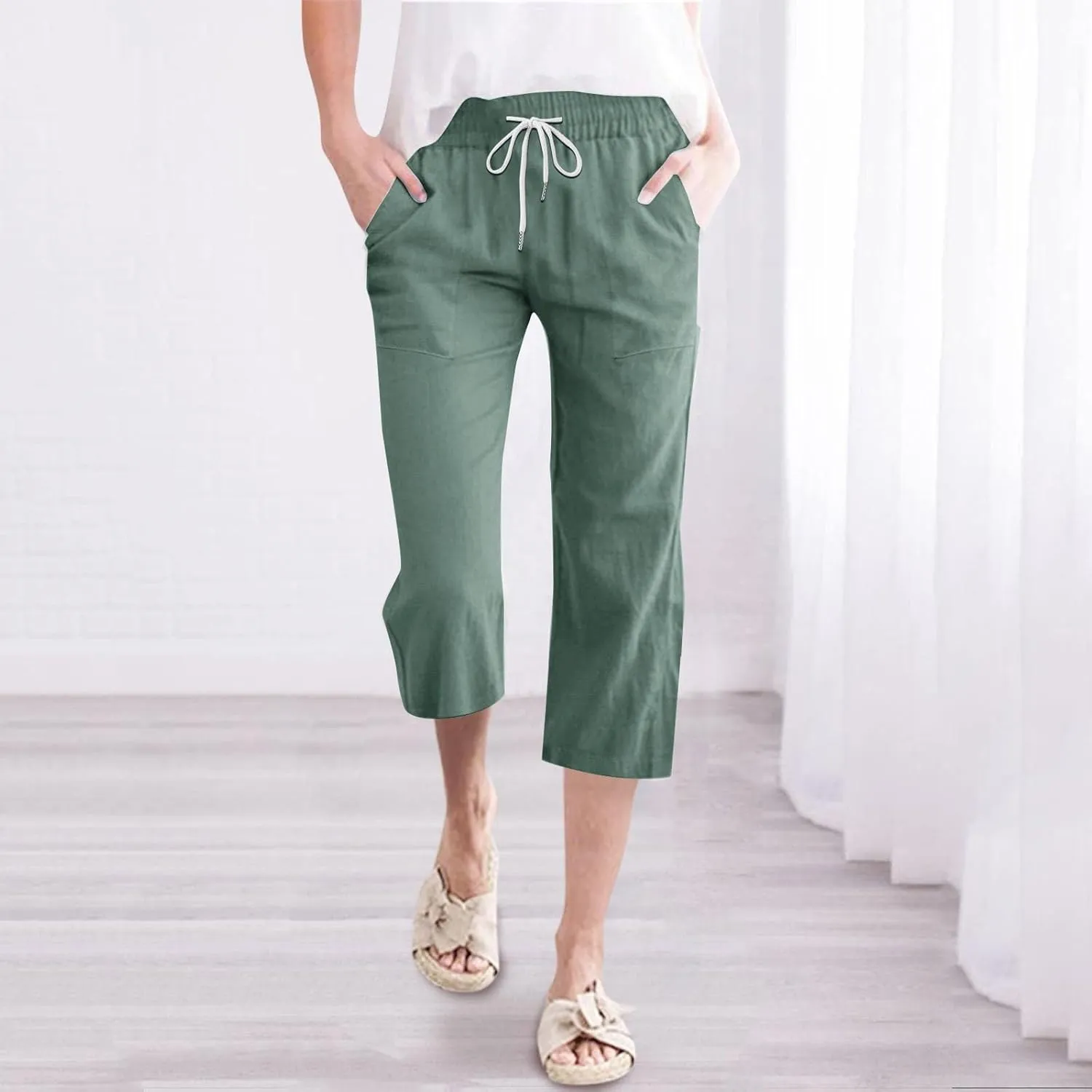 Summer Capri Pants for Women Cotton Linen Straight Leg Cropped Trousers High Waist Shorts Casual Pant with Pockets