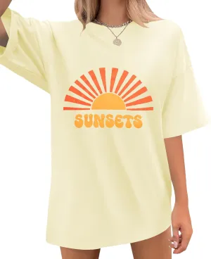Sunrise Sunset Sunshine Shirt for Women Hawaiian Beach Shirts Summer Vacation Tees Vintage Tropical Short Sleeve Tops