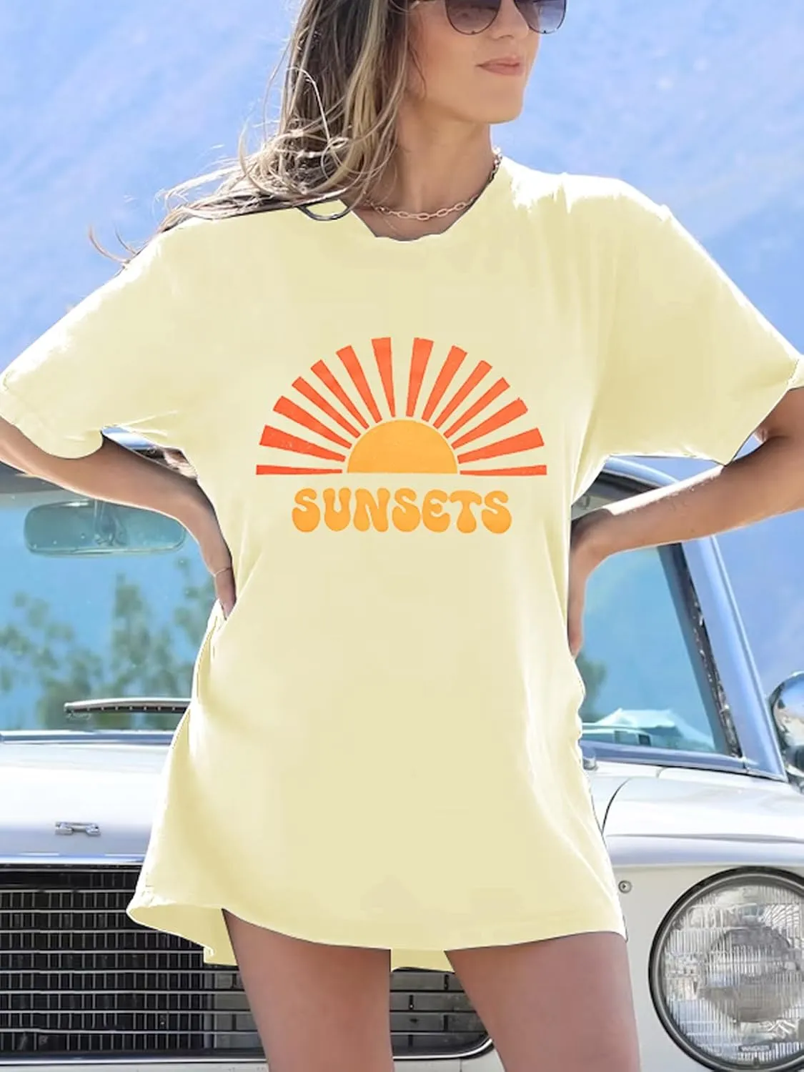 Sunrise Sunset Sunshine Shirt for Women Hawaiian Beach Shirts Summer Vacation Tees Vintage Tropical Short Sleeve Tops