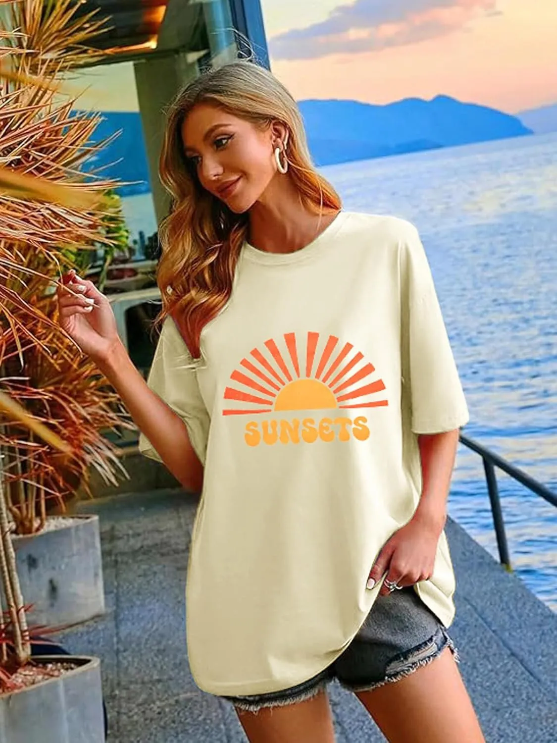 Sunrise Sunset Sunshine Shirt for Women Hawaiian Beach Shirts Summer Vacation Tees Vintage Tropical Short Sleeve Tops