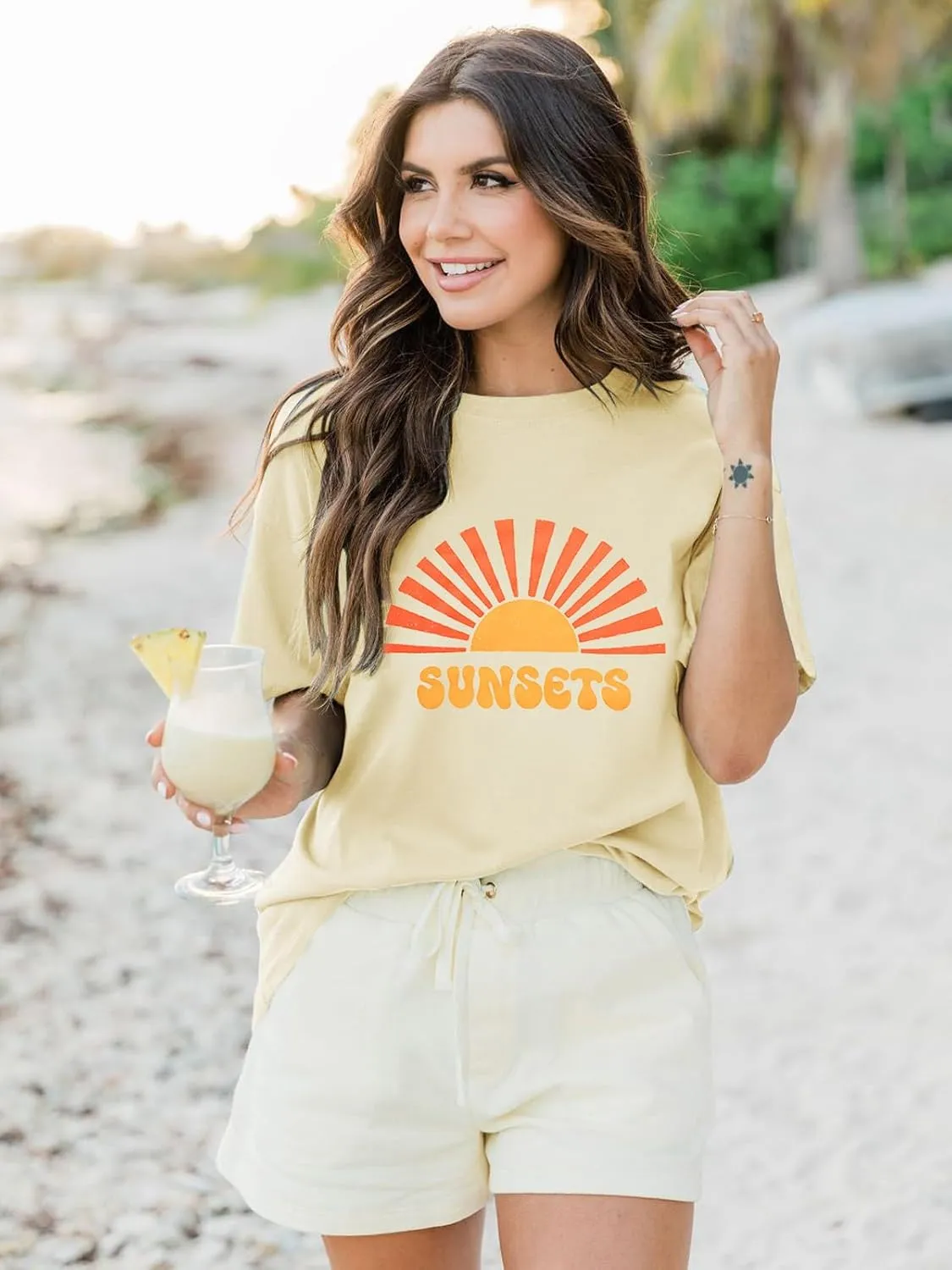 Sunrise Sunset Sunshine Shirt for Women Hawaiian Beach Shirts Summer Vacation Tees Vintage Tropical Short Sleeve Tops