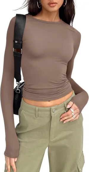 Trendy Queen Womens Long Sleeve Shirts Basic Tees Crop Tops Going Out Spring 2025 Workout Outfits Y2k Clothes
