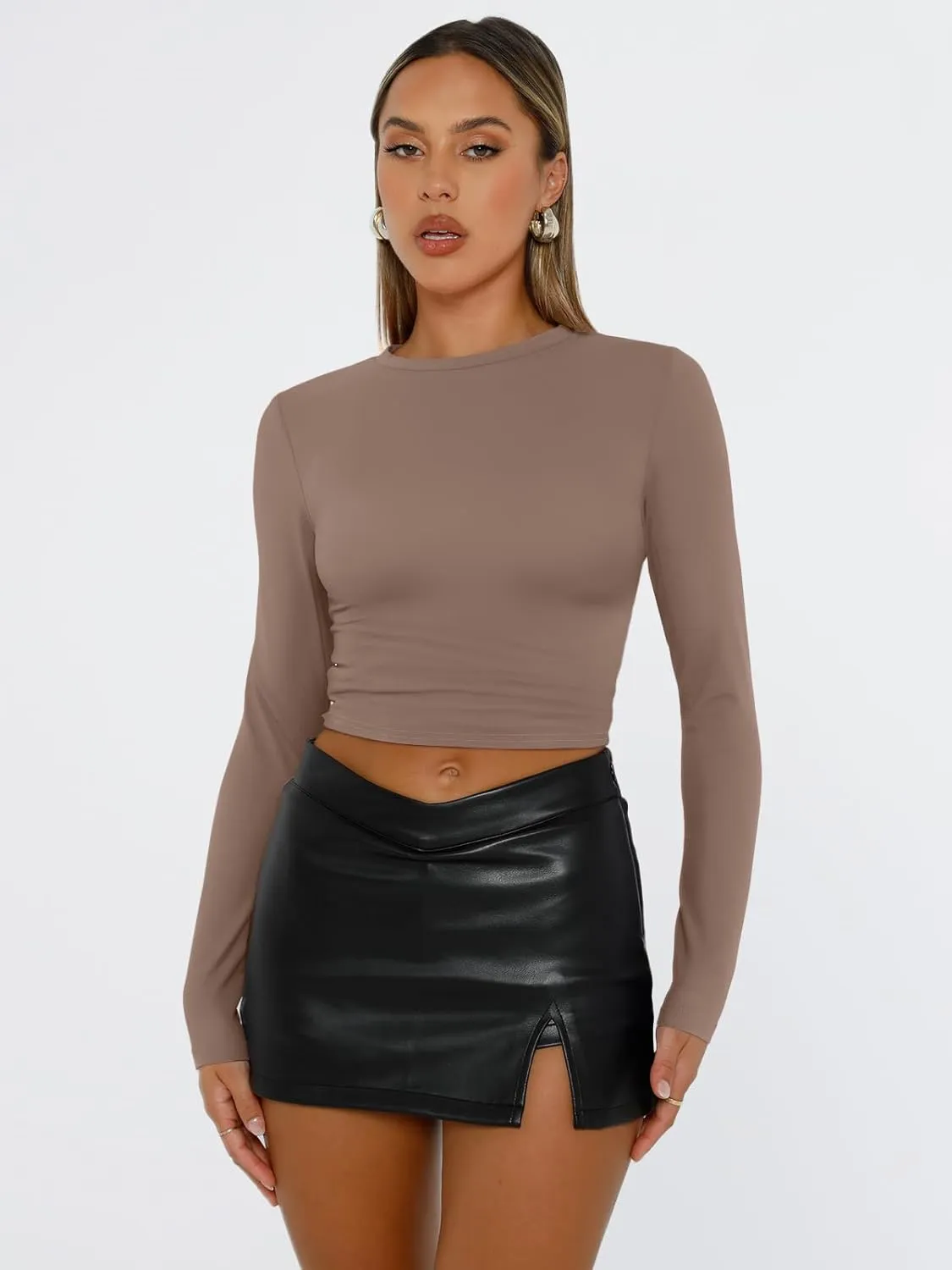 Trendy Queen Womens Long Sleeve Shirts Basic Tees Crop Tops Going Out Spring 2025 Workout Outfits Y2k Clothes