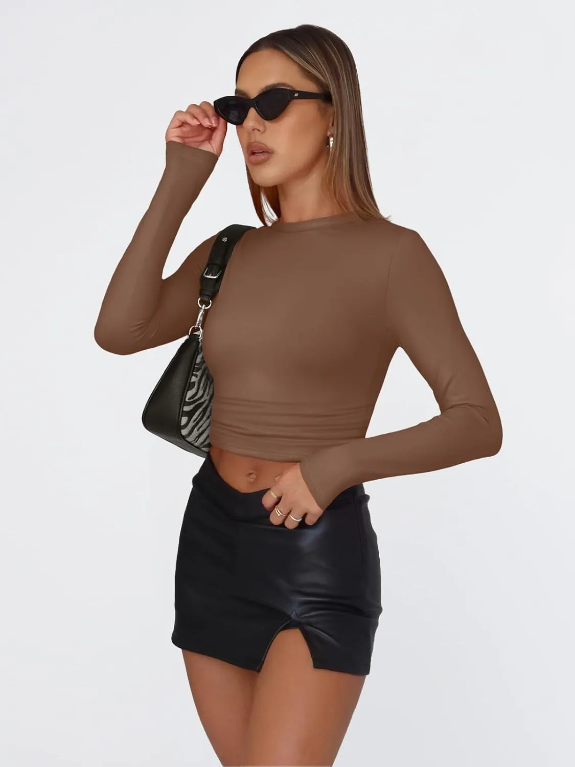 Trendy Queen Womens Long Sleeve Shirts Basic Tees Crop Tops Going Out Spring 2025 Workout Outfits Y2k Clothes