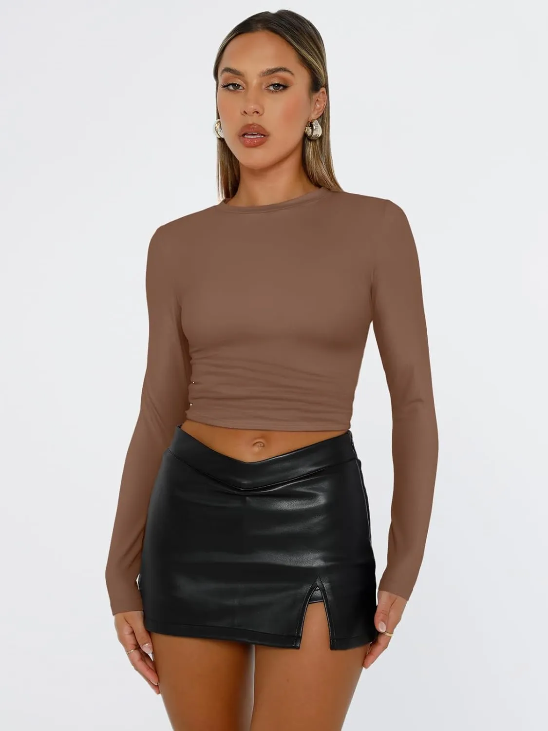Trendy Queen Womens Long Sleeve Shirts Basic Tees Crop Tops Going Out Spring 2025 Workout Outfits Y2k Clothes