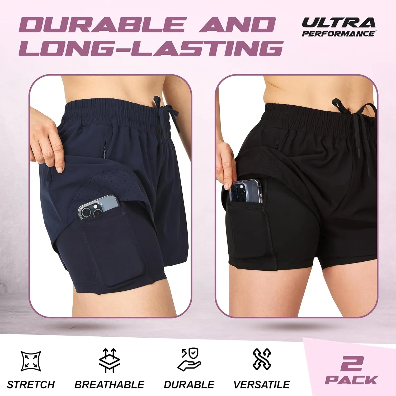 Ultra Performance Gym Shorts Women Pack of 2, Nylon Compression Workout Shorts Women with Liner