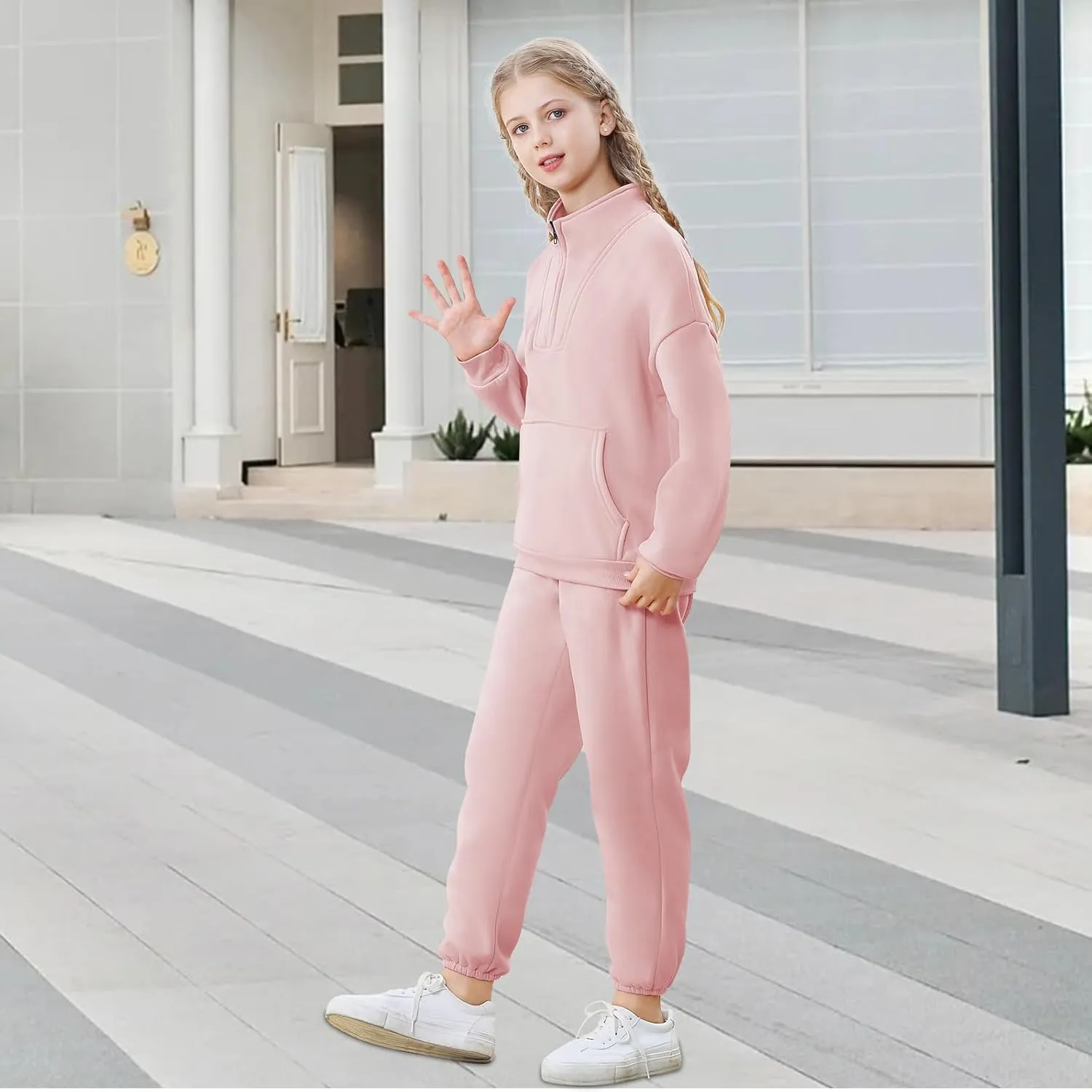 U·nikaka Girls Clothing Sets Half Zip Sweatsuit Outfits Sweatshirt and Sweatpants Fleece Pullover Joggers Set with Pockets