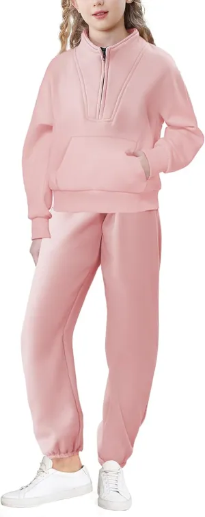 U·nikaka Girls Clothing Sets Half Zip Sweatsuit Outfits Sweatshirt and Sweatpants Fleece Pullover Joggers Set with Pockets