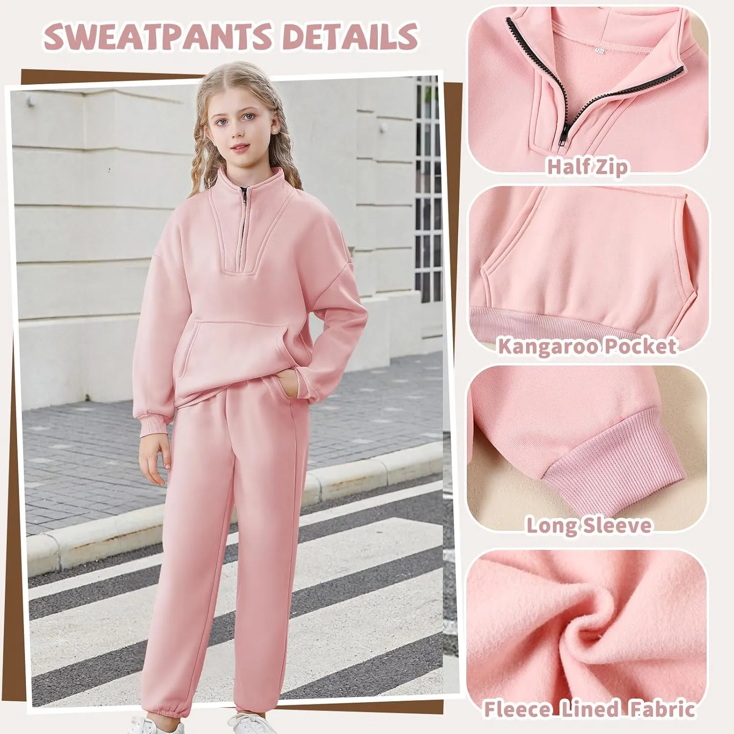 U·nikaka Girls Clothing Sets Half Zip Sweatsuit Outfits Sweatshirt and Sweatpants Fleece Pullover Joggers Set with Pockets