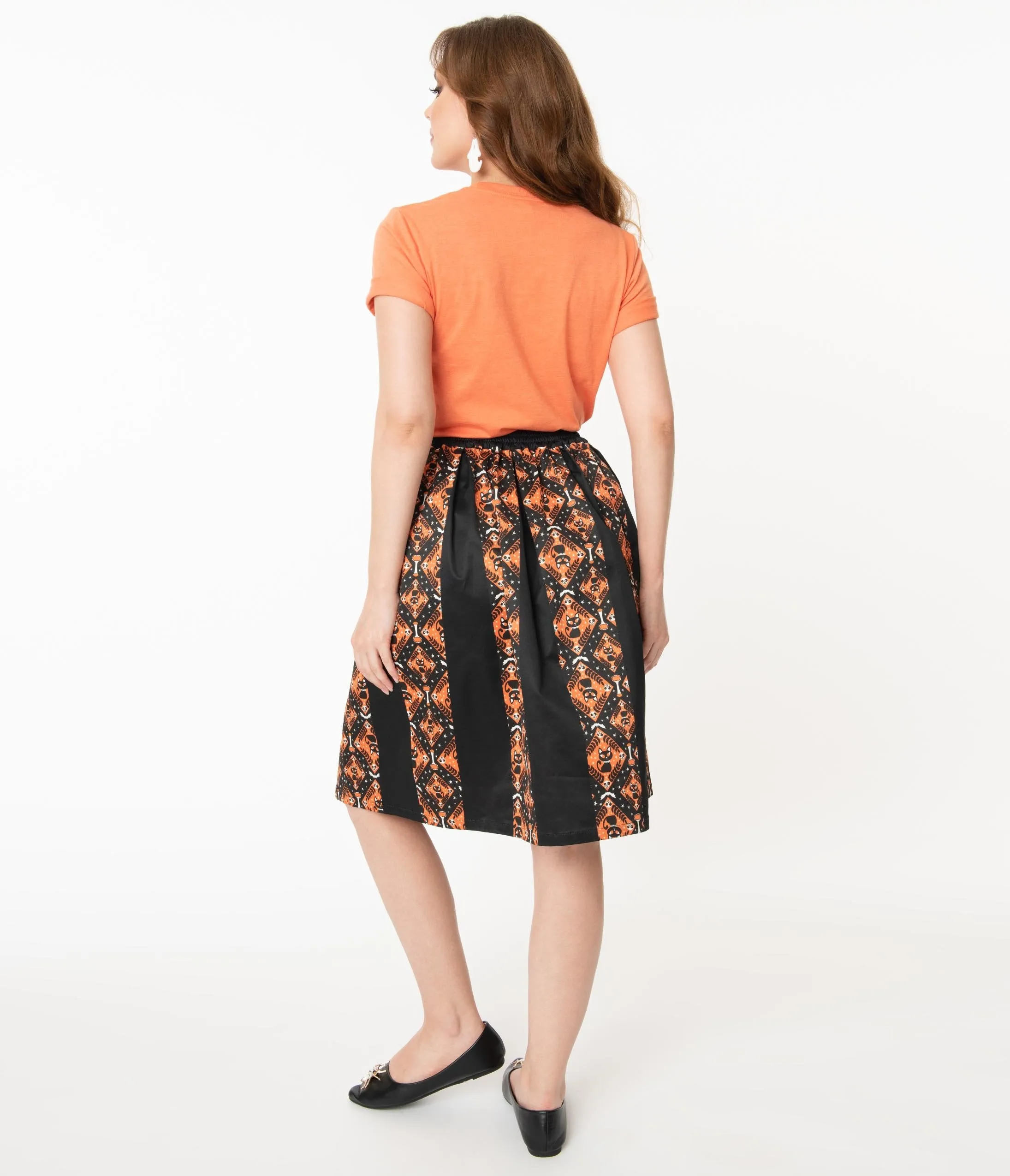 Unique Vintage Black & Orange Halloween Print Jayne Swing Skirt