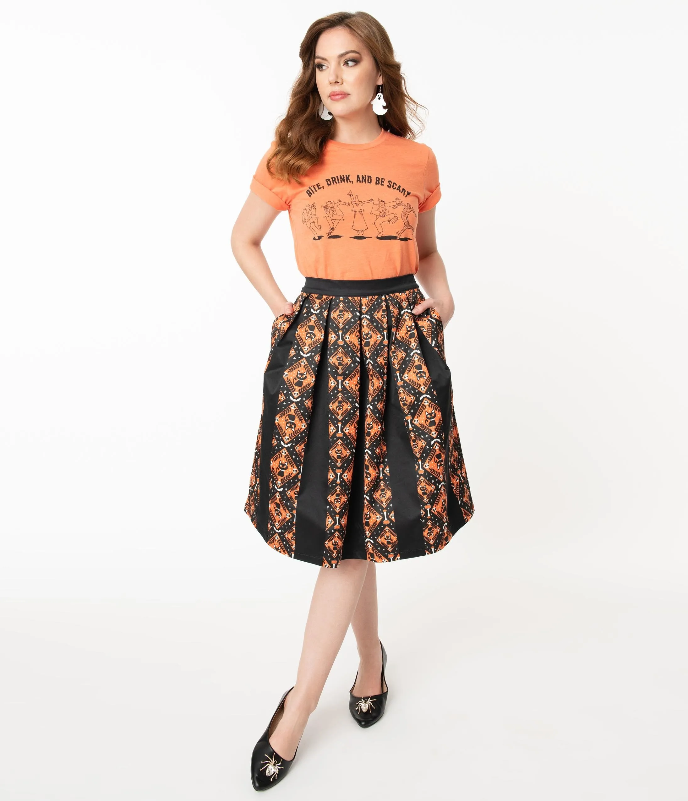 Unique Vintage Black & Orange Halloween Print Jayne Swing Skirt