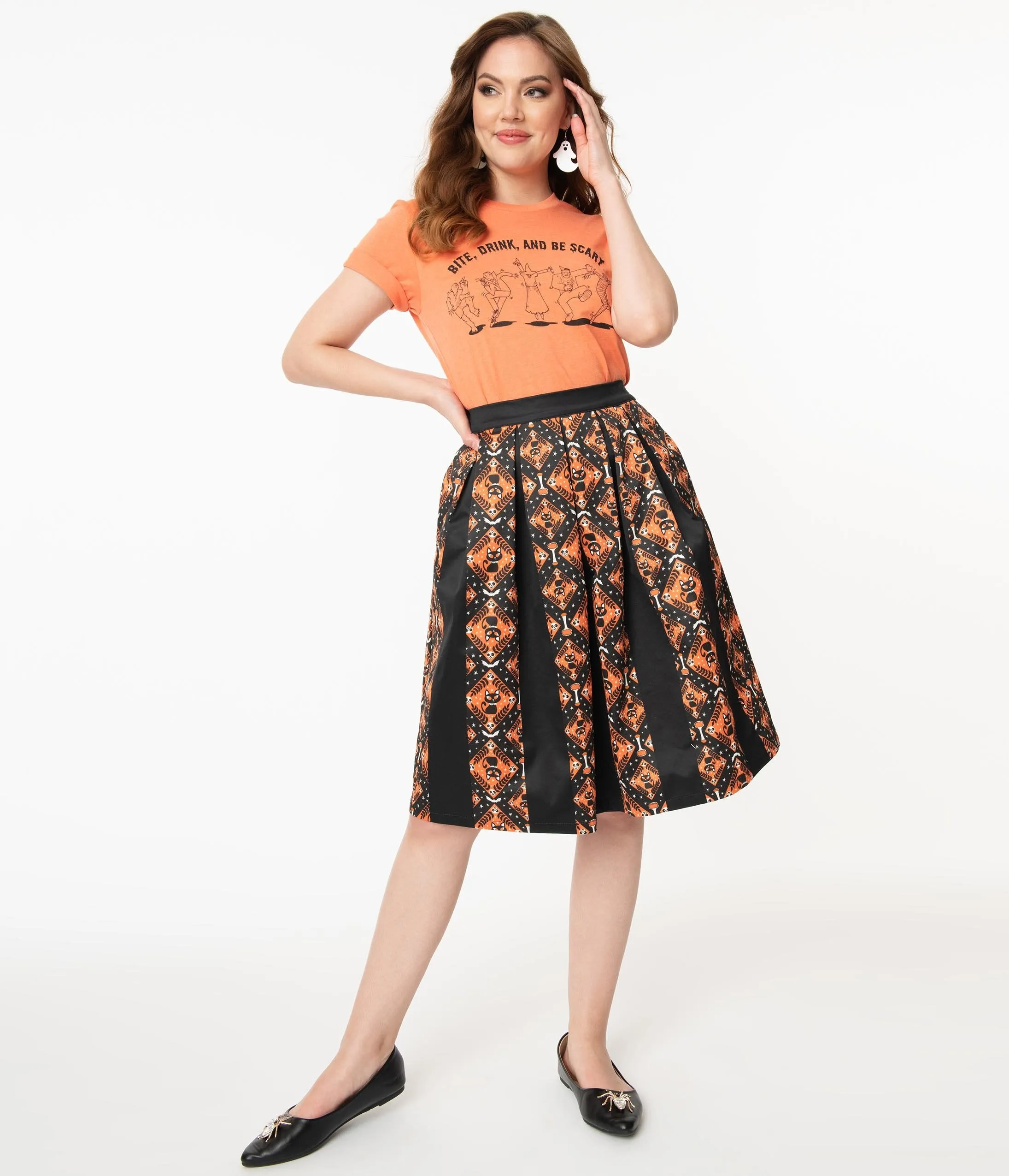Unique Vintage Black & Orange Halloween Print Jayne Swing Skirt