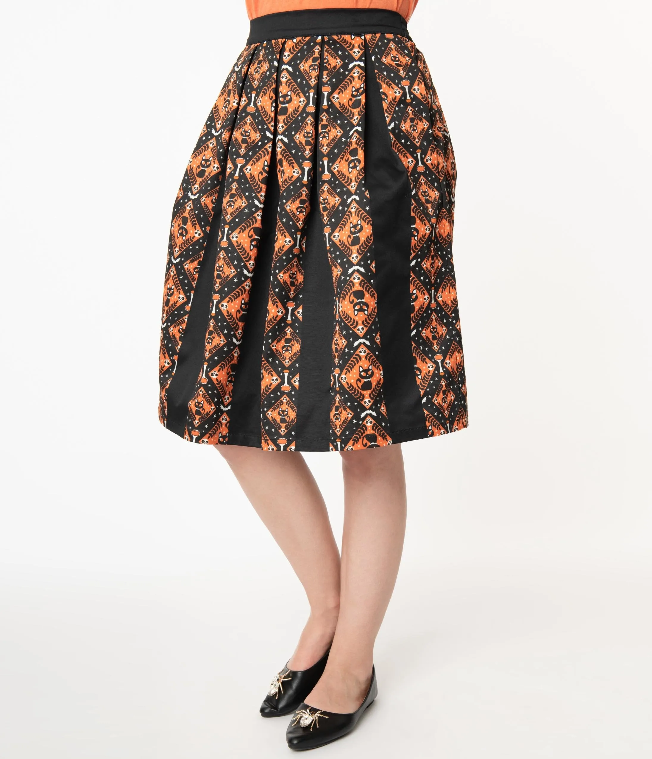 Unique Vintage Black & Orange Halloween Print Jayne Swing Skirt