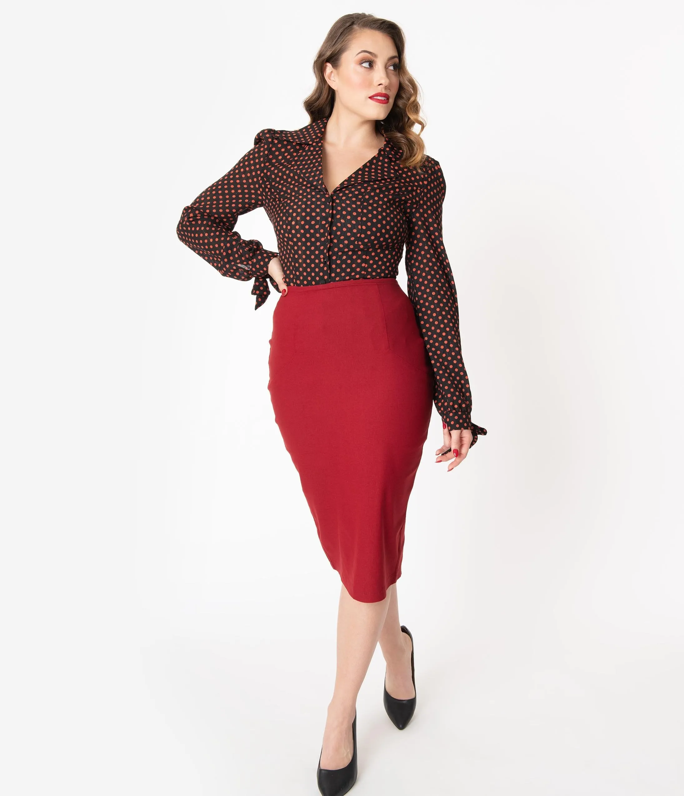 Unique Vintage Rust High Waist Tracy Wiggle Skirt