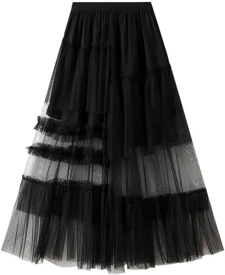 Vintage Women's Tulle Midi Skirt Casual Elastic High Waist Layered Pleate Mesh A-Line Skirts