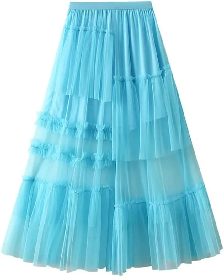 Vintage Women's Tulle Midi Skirt Casual Elastic High Waist Layered Pleate Mesh A-Line Skirts
