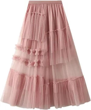 Vintage Women's Tulle Midi Skirt Casual Elastic High Waist Layered Pleate Mesh A-Line Skirts