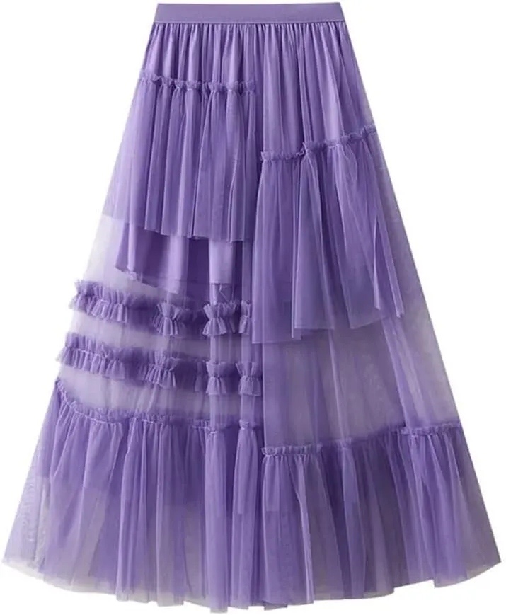 Vintage Women's Tulle Midi Skirt Casual Elastic High Waist Layered Pleate Mesh A-Line Skirts