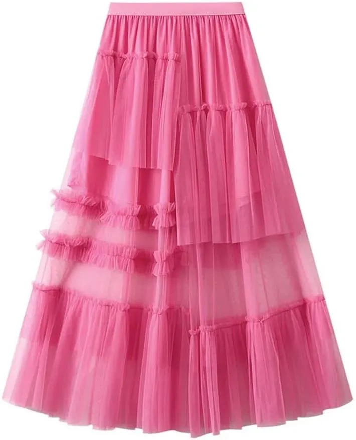 Vintage Women's Tulle Midi Skirt Casual Elastic High Waist Layered Pleate Mesh A-Line Skirts