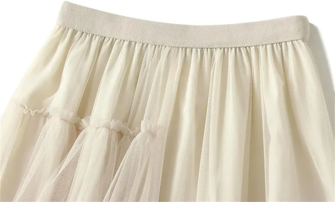 Vintage Women's Tulle Midi Skirt Casual Elastic High Waist Layered Pleate Mesh A-Line Skirts