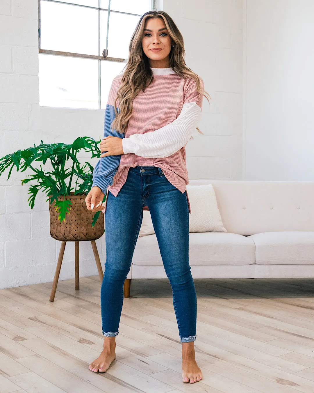 Violet Peach, Cream and Blue Corded Long Sleeve Top