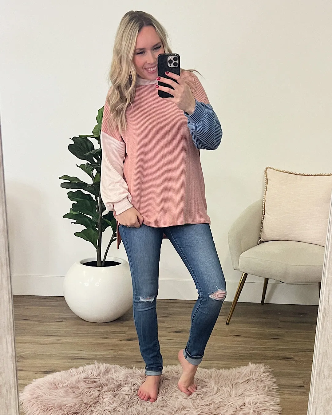 Violet Peach, Cream and Blue Corded Long Sleeve Top