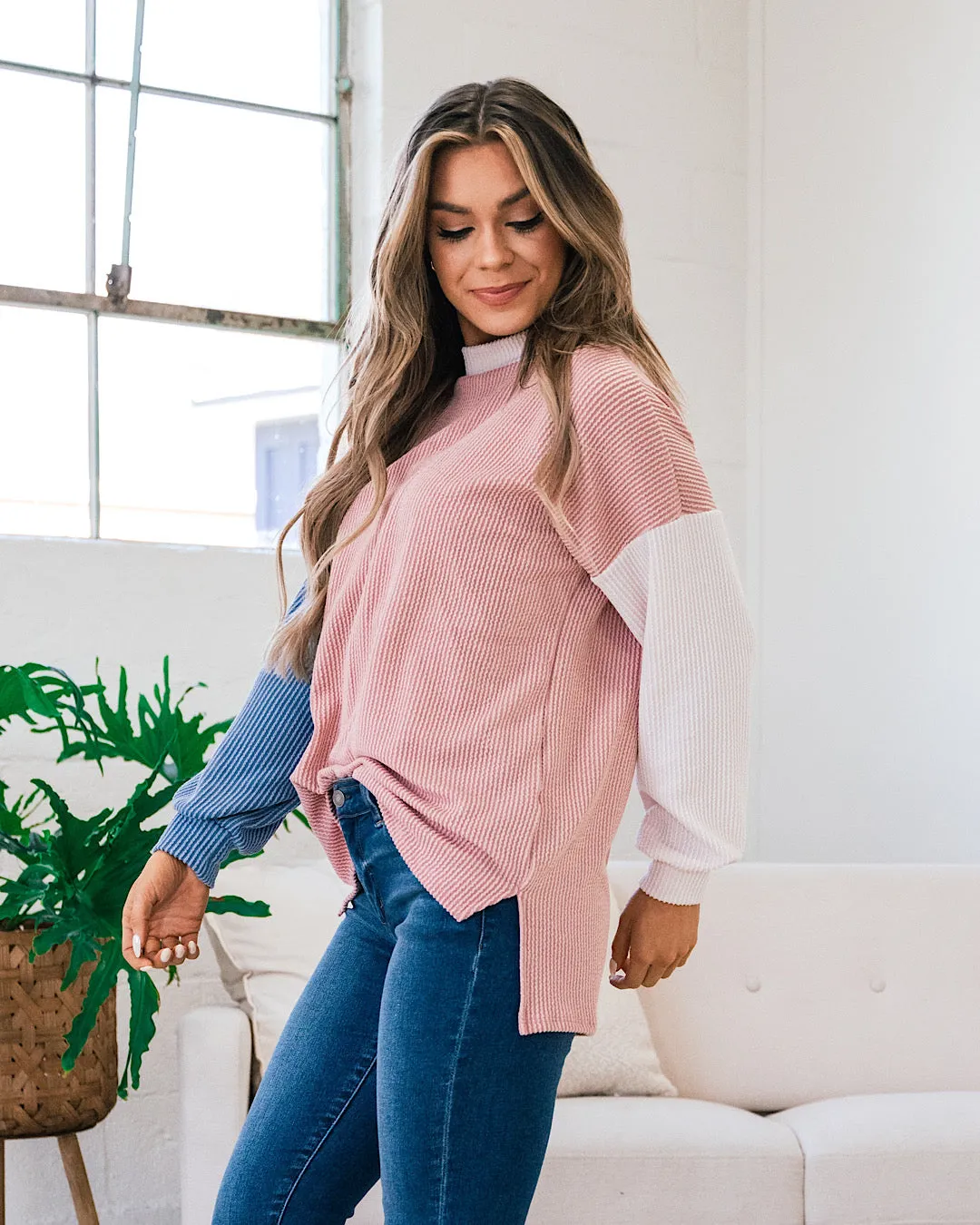 Violet Peach, Cream and Blue Corded Long Sleeve Top