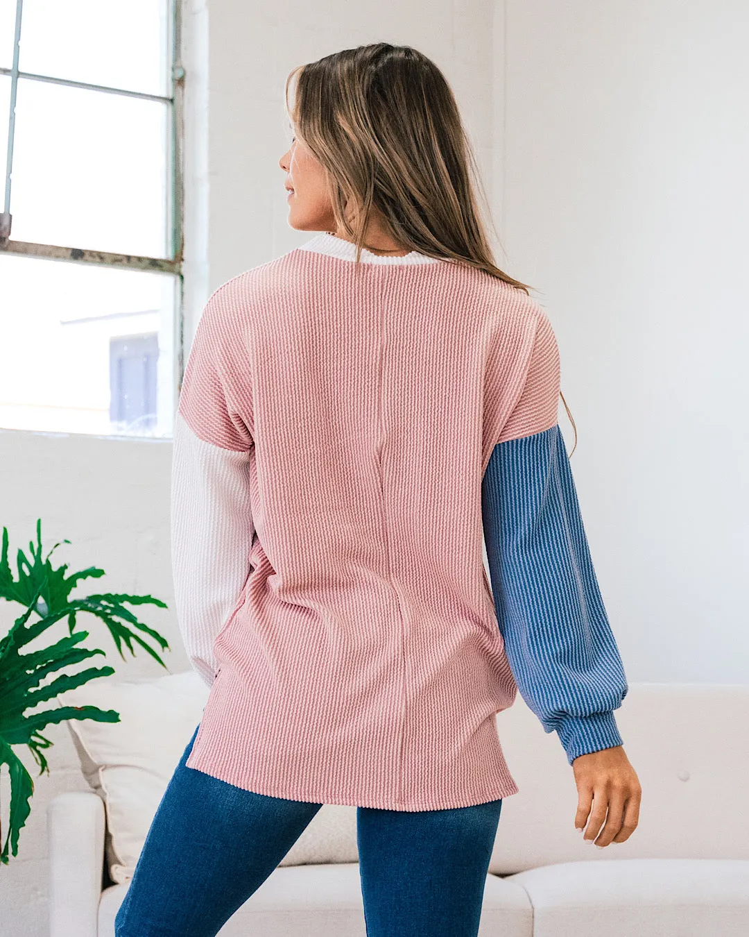 Violet Peach, Cream and Blue Corded Long Sleeve Top