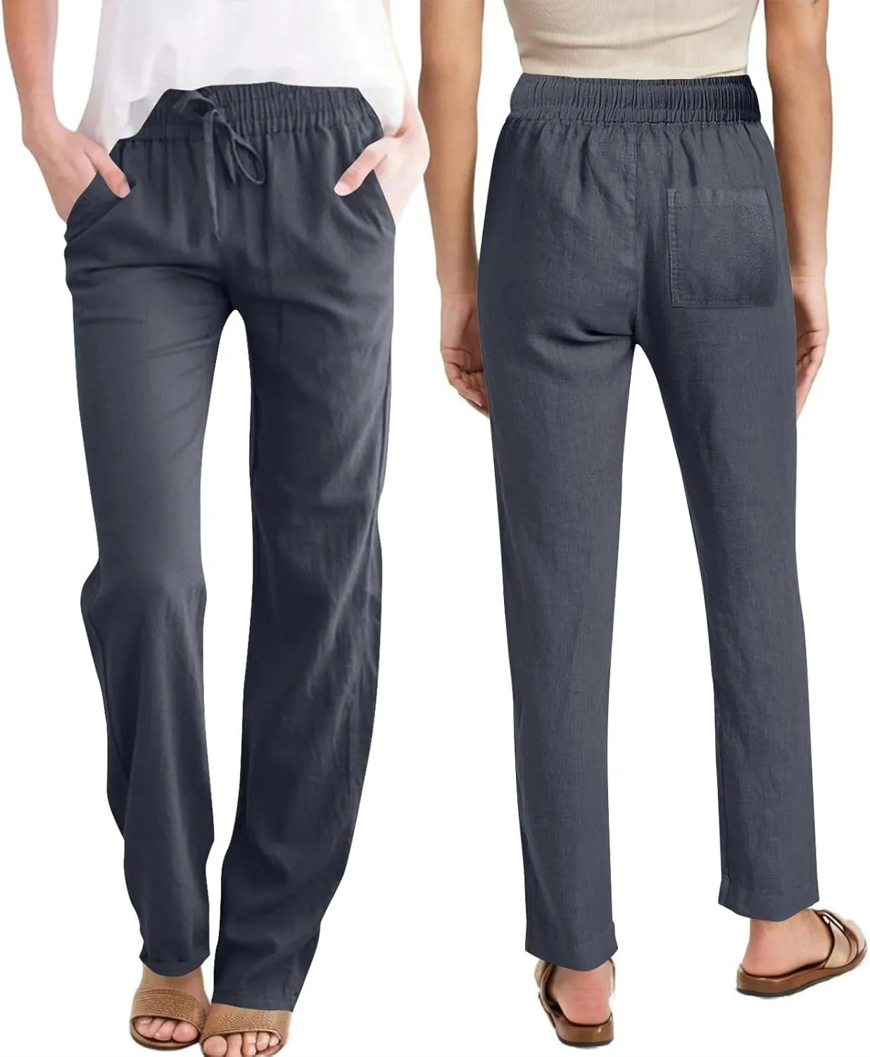 Women Casual Long Pants with Pockets Drawstring Elastic Waist Straight Leg Trousers 2025 Spring Summer Outfits