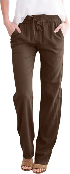 Women Casual Long Pants with Pockets Drawstring Elastic Waist Straight Leg Trousers 2025 Spring Summer Outfits