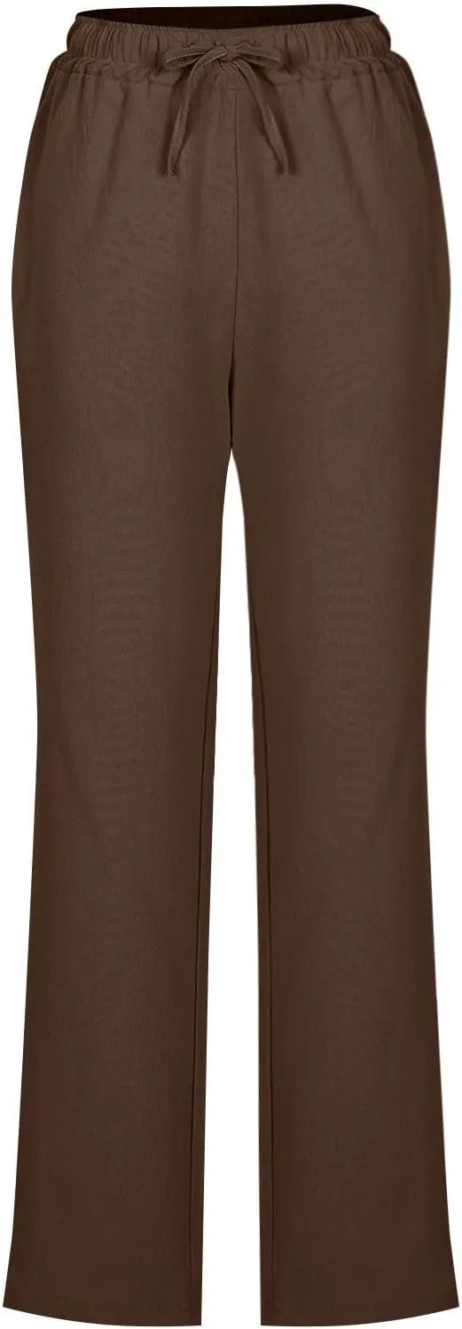 Women Casual Long Pants with Pockets Drawstring Elastic Waist Straight Leg Trousers 2025 Spring Summer Outfits