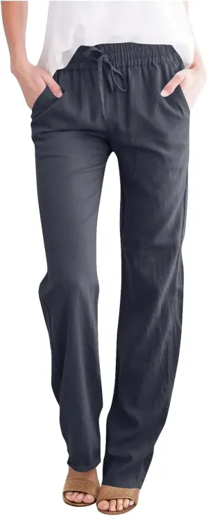 Women Casual Long Pants with Pockets Drawstring Elastic Waist Straight Leg Trousers 2025 Spring Summer Outfits