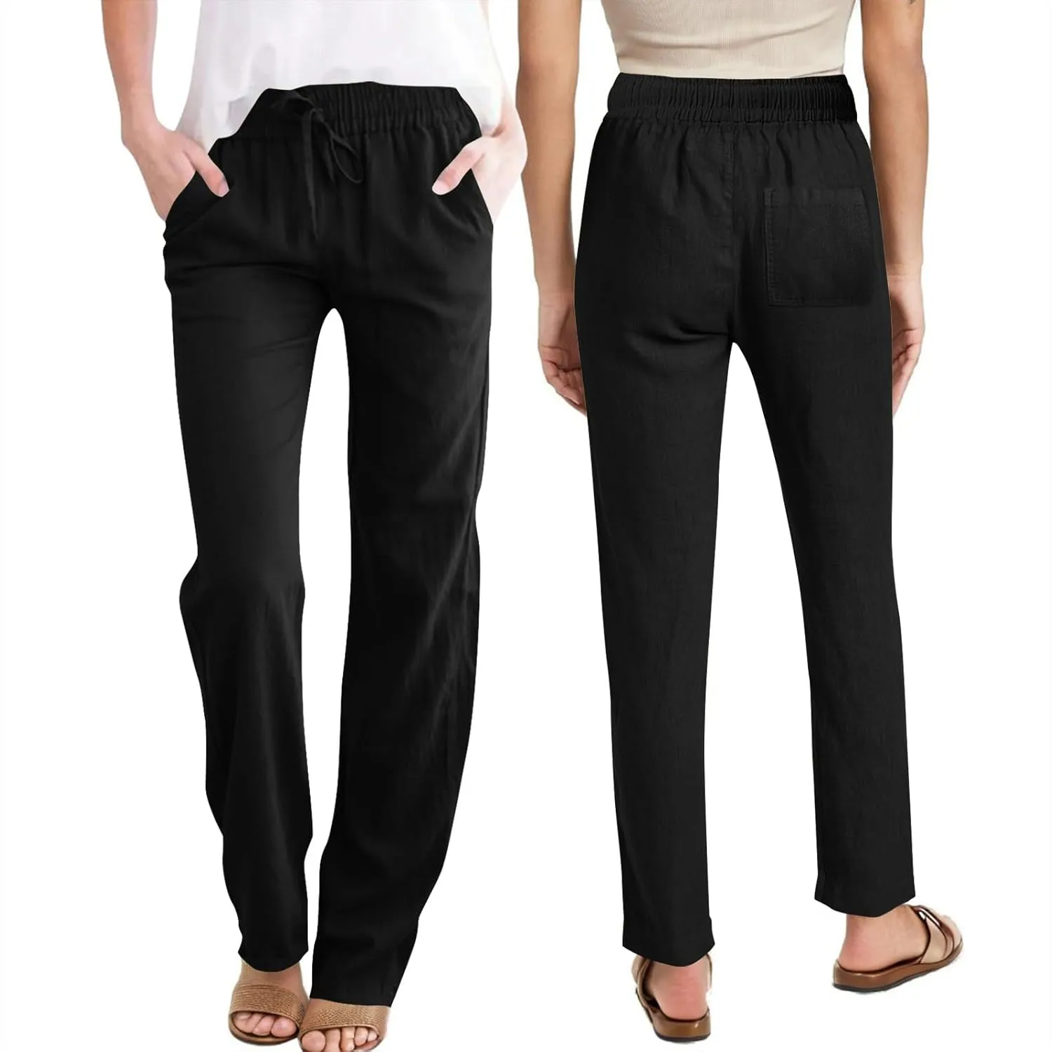 Women Casual Long Pants with Pockets Drawstring Elastic Waist Straight Leg Trousers 2025 Spring Summer Outfits