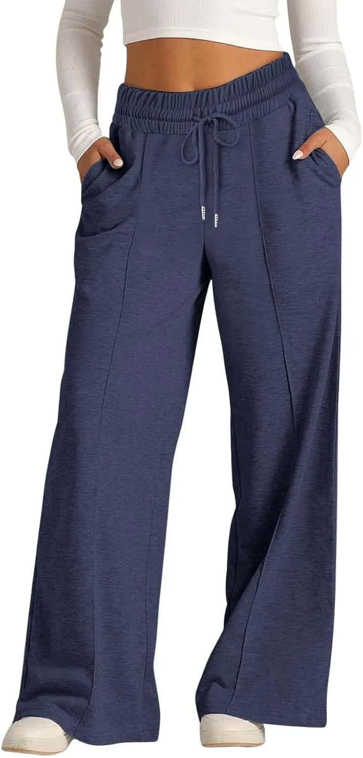 Women Wide Leg Sweatpant High Waist Cotton Baggy Casual Drawstring Waist Running Joggers Pants with Pockets