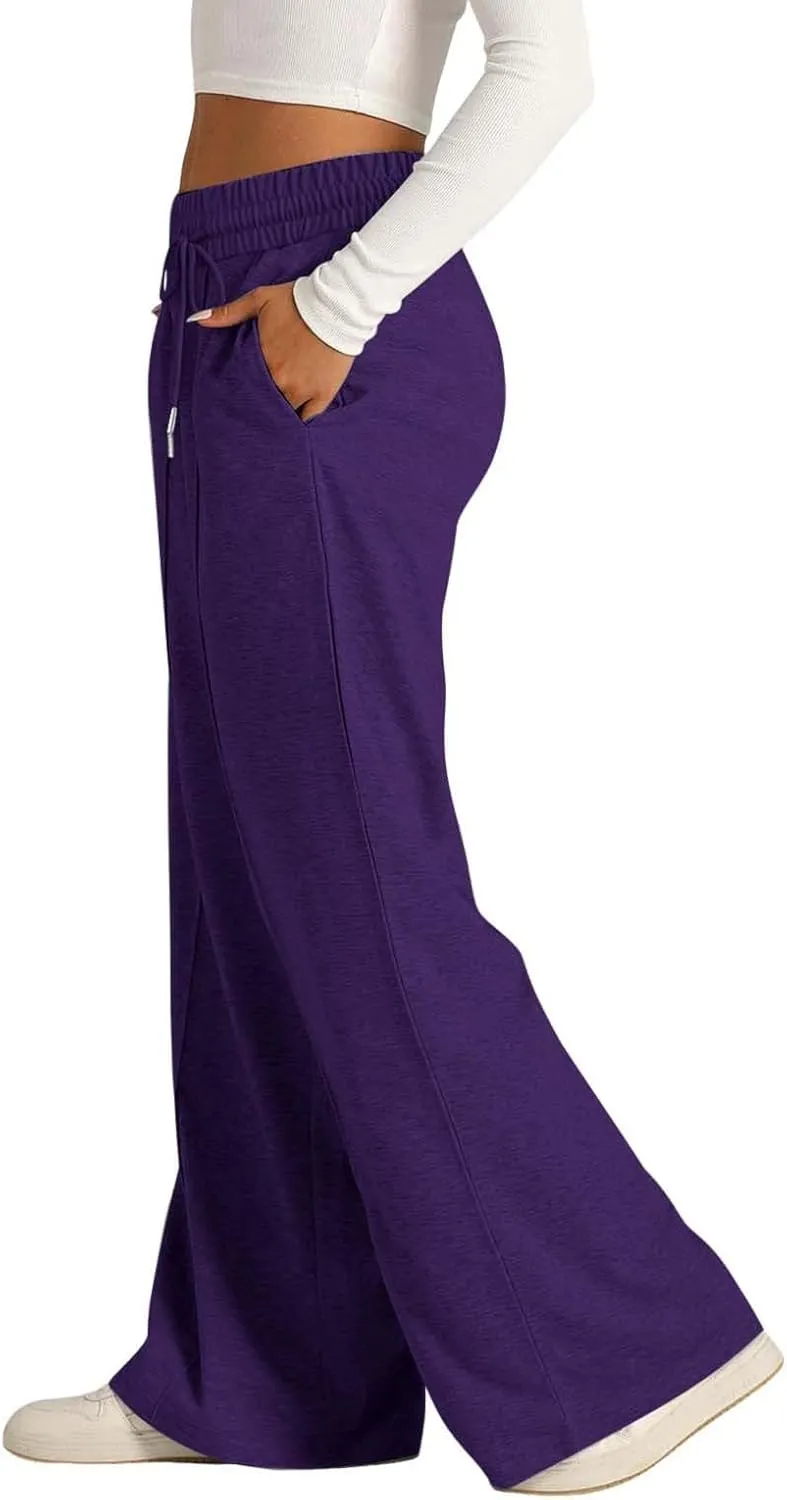 Women Wide Leg Sweatpant High Waist Cotton Baggy Casual Drawstring Waist Running Joggers Pants with Pockets
