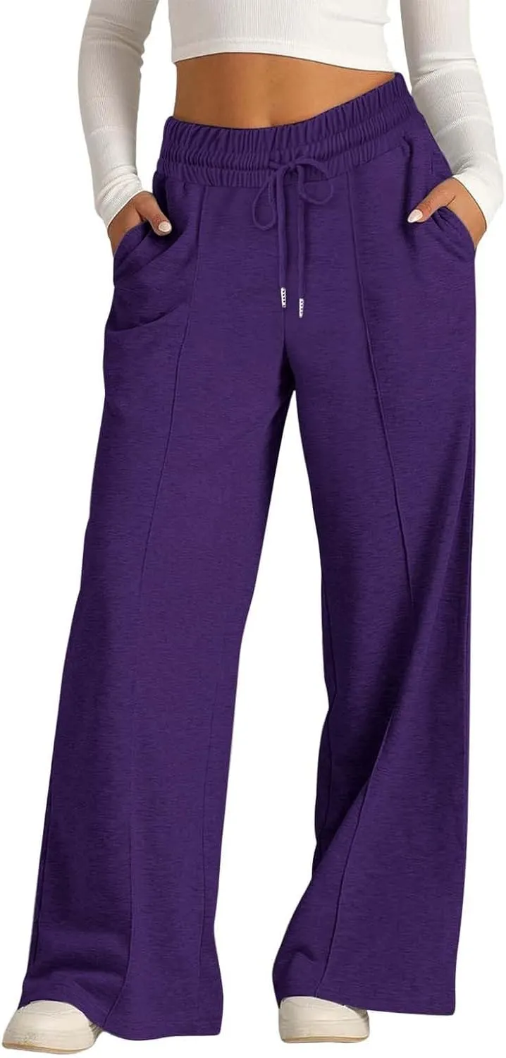 Women Wide Leg Sweatpant High Waist Cotton Baggy Casual Drawstring Waist Running Joggers Pants with Pockets